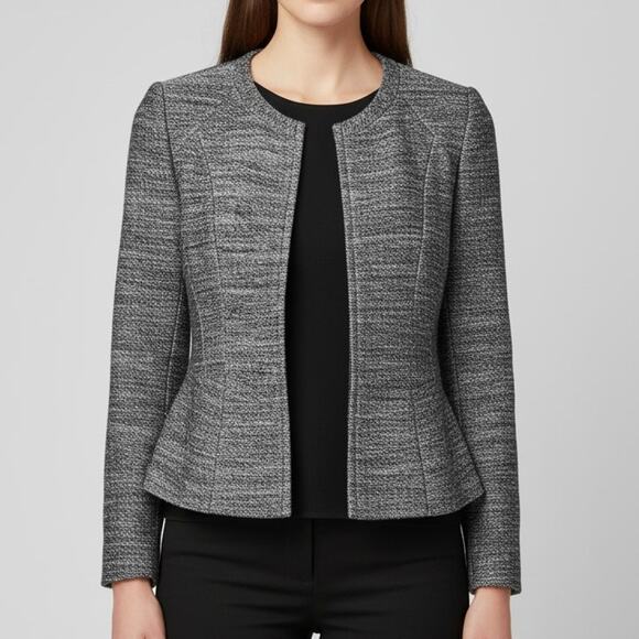 Theory Jondi Size 6 Tweed Knit Jacket Gray Black Open Front Work Blazer Peplum - Picture 1 of 10
